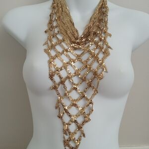 Vintage 1970s Whiting & Davis Gold Tone Disco Chainmail Bib Necklace